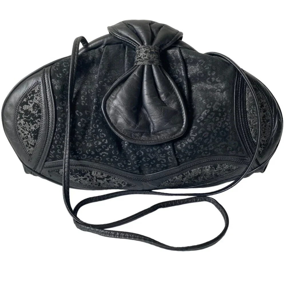 Aviva 80's wide mouth leather handbag‎ leopard print black bow glitter purse USA